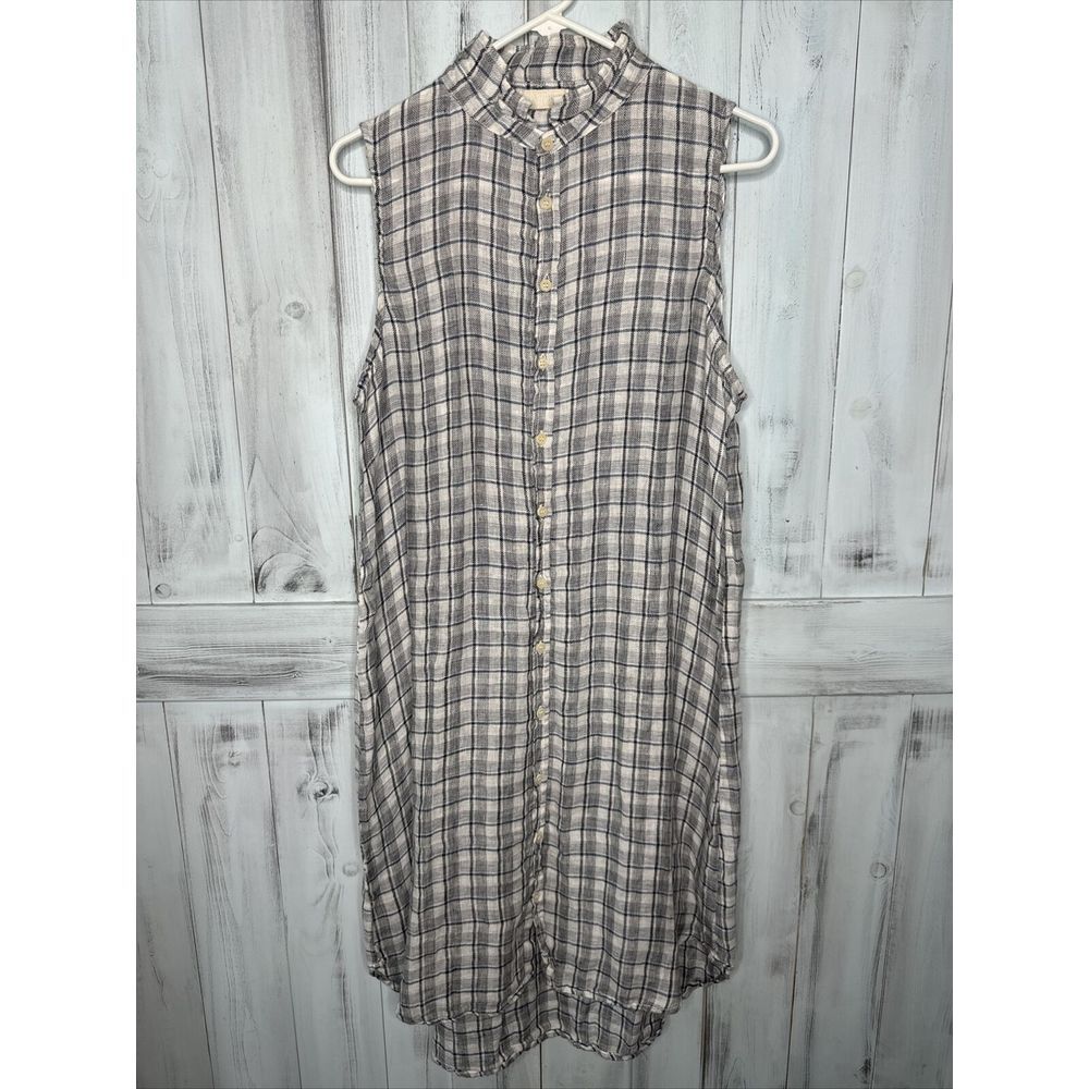 CP SHADES BLUE WHITE PLAID 100% LINEN BUTTON UP SLEEVELESS MIDI SHIRT DRESS‎ M